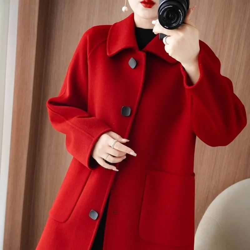 Double Faced Wool Mid Length Doll Collar Slim Fit Flattering Coat