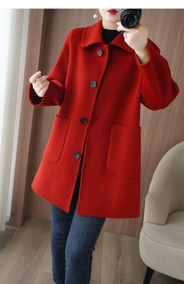 Double Faced Wool Mid Length Doll Collar Slim Fit Flattering Coat