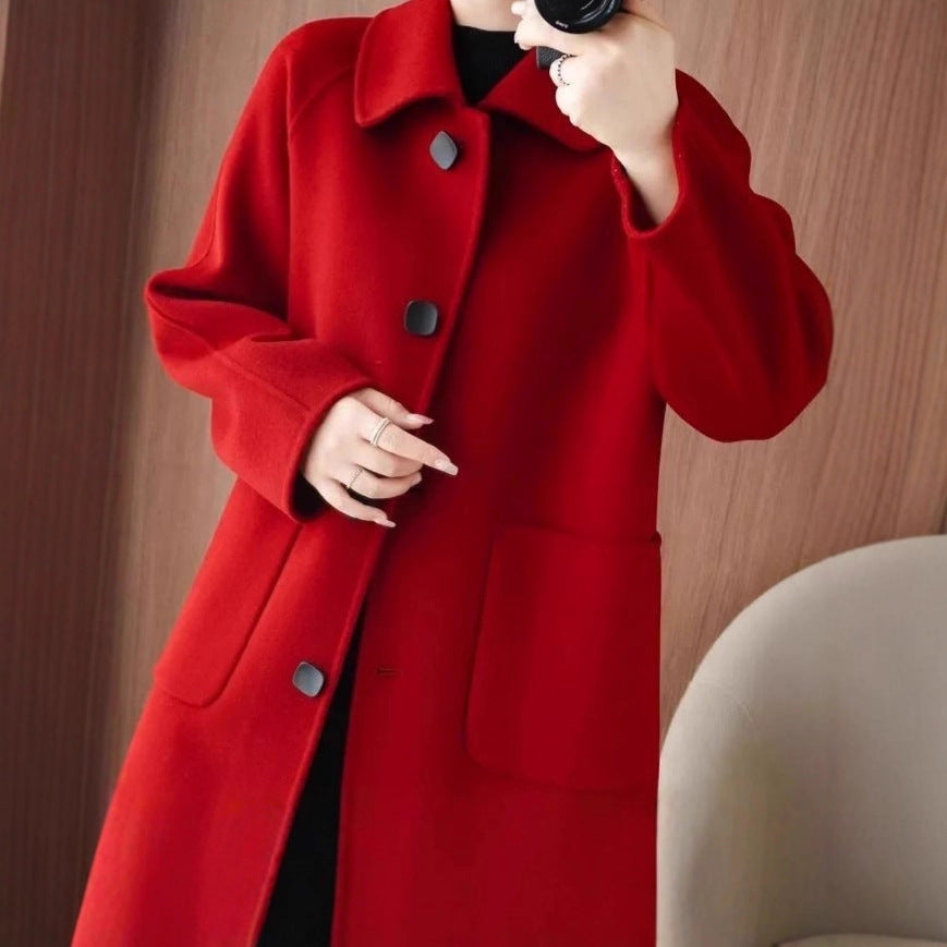 Double Faced Wool Mid Length Doll Collar Slim Fit Flattering Coat