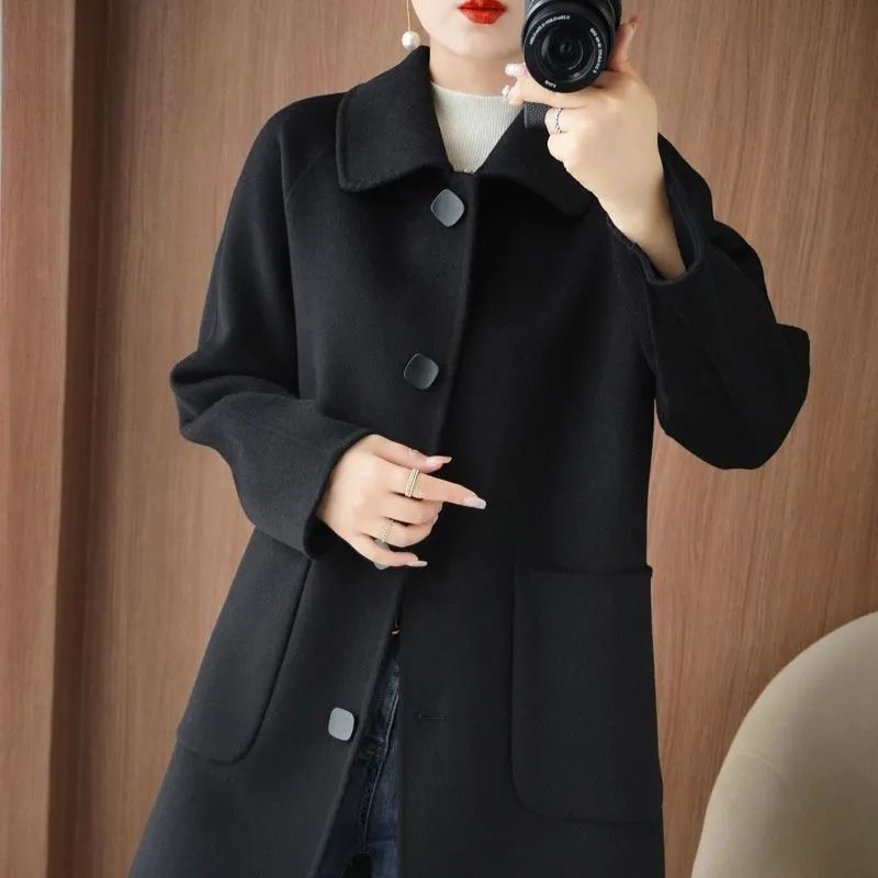 Double Faced Wool Mid Length Doll Collar Slim Fit Flattering Coat