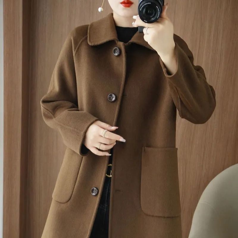 Double Faced Wool Mid Length Doll Collar Slim Fit Flattering Coat